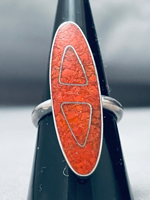 Intricate Coral Inlay Vintage Native American Navajo Sterling Silver Ring Old-Nativo Arts