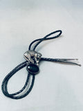 Detailed Vintage Native American Navajo Leopard Sterling Silver Jet Bolo Tie Old-Nativo Arts