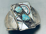 One Of The Most Unique Vintage Native American Zuni Turquoise Inlay Sterling Silver Bracelet-Nativo Arts