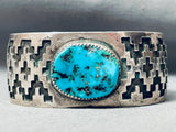 Hand Tooled Geomtric Vintage Native American Navajo Turquoise Sterling Silver Bracelet-Nativo Arts
