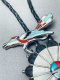Most Unique Vintage Native American Zuni Turquoise Inlay Sterling Silver Bolo Tie-Nativo Arts