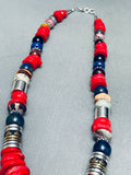 Chunky Native American Navajo Coral Disc Sterling Silver Beaded Necklace-Nativo Arts