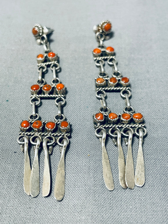 Sensational Vintage Signed Native American Zuni Coral Sterling Silver Chandelier Earrings-Nativo Arts