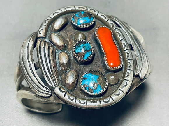 Bisbee Turquoise!! Vintage Native American Navajo Sterling Silver Coral Bracelet Old-Nativo Arts