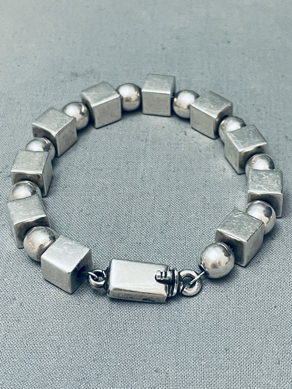 Native American Advanced Silver Work! Vintage Handmade Cubed Sterling Silver Link Bracelet-Nativo Arts
