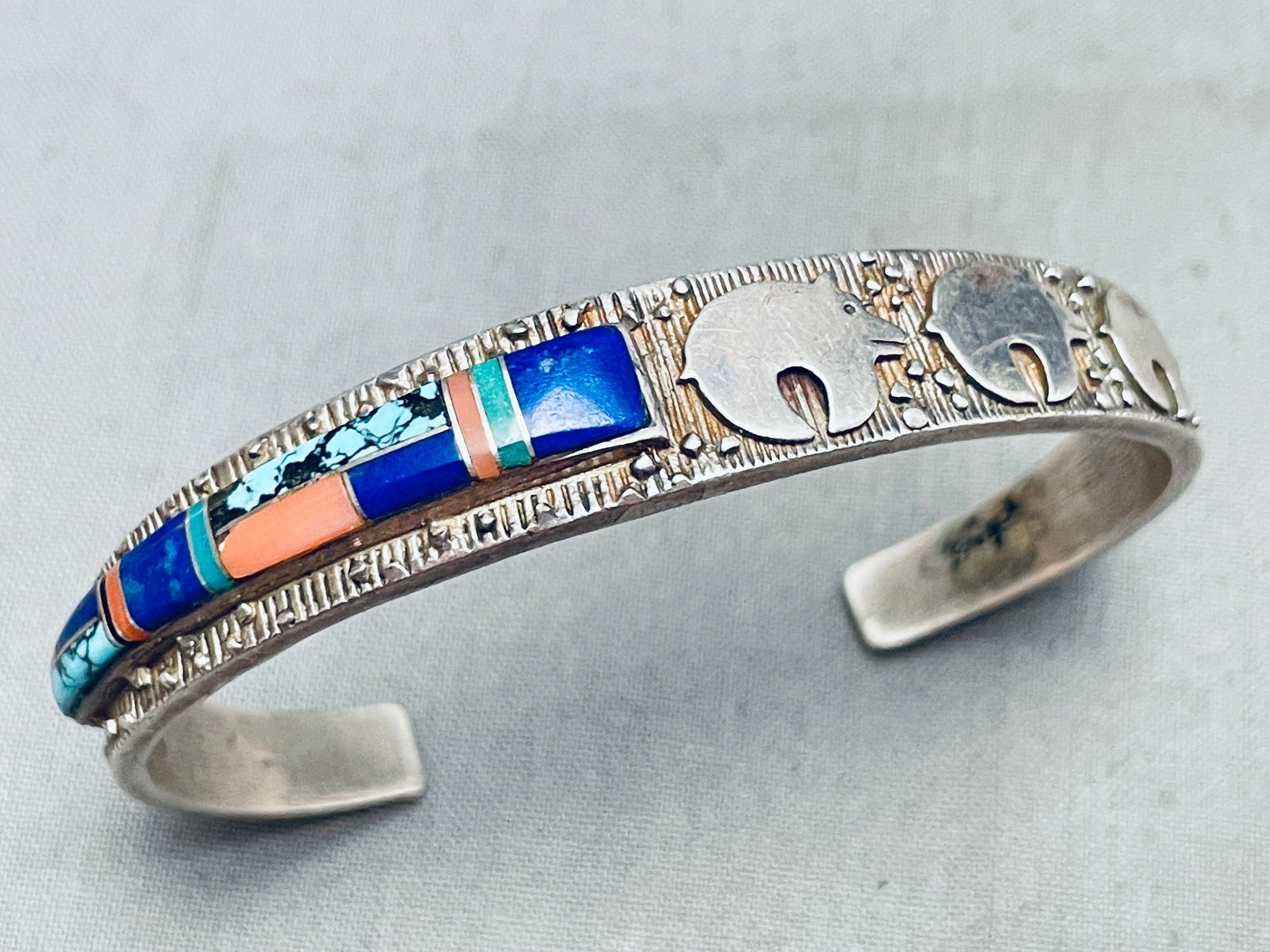 Incredibly Intricate Vintage Navajo Bear Inlay Sterling Silver