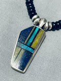 Intricate Vintage Native American Navajo Lapis Turquoise Sterlign Silver Necklace