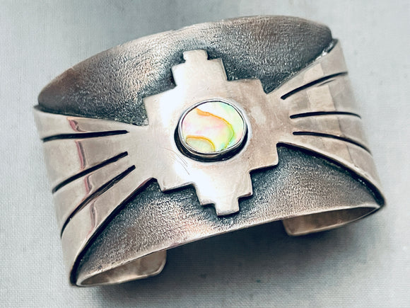 Wide Hand Tooled Vintage Southwest Sterling Silver Shell Bracelet