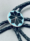 Native American Super Intricate Vintage Navajo Turquoise Jet Sterling Silver Inlay Bolo Tie-Nativo Arts