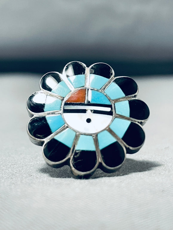 Traditional Vintage Native American Zuni Blue Gem Turquoise Coral Sterling Silver Sunface Ring-Nativo Arts