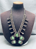 Gorgeous Vintage Native American Navajo Green Turquoise Sterling Silver Squash Blossom Necklace-Nativo Arts
