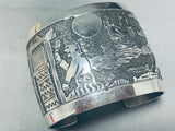 Hand Carved Native American Navajo Scene Wide Sterling Silver Bracelet Cuff-Nativo Arts