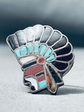 One Of The Best Vintage Native American Zuni Chief Turquoise Inlay Sterling Silver Ring Old-Nativo Arts