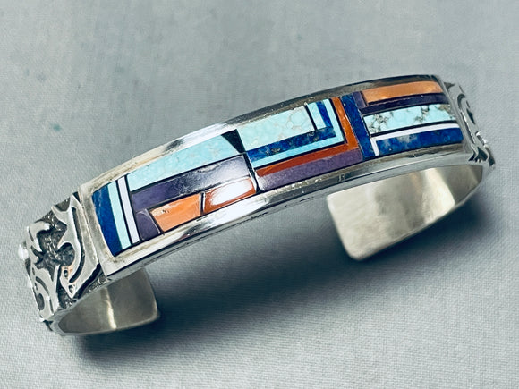 6.5 Inch Wrist Vintage Native American Navajo Turquoise Inlay Sterling Silver Bracelet-Nativo Arts