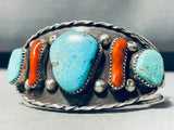 Museum Quality!! Vintage Native American Navajo Turquoise Long Coral Sterling Silver Bracelet-Nativo Arts