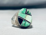 Dynamic Vintage Native American Zuni Damale Turquoise Jet Sterling Silver Ring-Nativo Arts