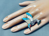 Massive Vintage Native American Zuni Turquoise Hummingbird Inlay Sterling Silver Ring