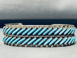 Slanted Turquoise!! Vintage Native American Zuni Needlepoint Sterling Silver Bracelet-Nativo Arts