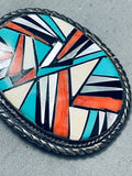 Native American One Of The Most Detailed Vintage Zuni Inlay Turquoise Sterling Silver Bcukle Old-Nativo Arts