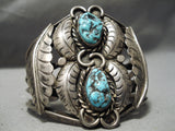 Huge Vintage Native American Navajo Leaf Love Turquoise Sterling Silver Bracelet Old-Nativo Arts