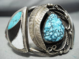 Rare Side Inlay Vintage Native American Navajo Seafoam Turquoise Sterling Silver Bracelet Old-Nativo Arts