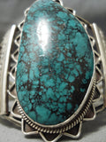 Towering Vintage Native American Navajo Green Spiderweb Turquoise Sterling Silver Bracelet Old-Nativo Arts