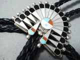 Spectacular Native American Zuni Inlay Coral Turquoise Jet Kachina Sterling Silver Bolo-Nativo Arts
