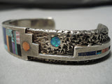 Quality!! Vintage Native American Navajo Turquoise Inlay Sterling Silver Heavy Bracelet Old-Nativo Arts