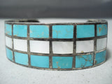 Native American Heavier Vintage Zuni Turquoise Pearl Sterling Silver Inlay Bracelet-Nativo Arts