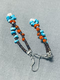 Wonderful Native American Navajo Turquoise & Coral Sterling Silver Earrings-Nativo Arts
