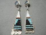 Hand Carved Zuni Native American Turquoise Sterling Silver Coral Earrings-Nativo Arts