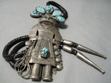 One Of Biggest Best Vintage Native American Navajo Turquoise Sterling Silver Kachina Bolo Tie-Nativo Arts