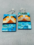 Native American Very Intricate Santo Domingo Turquoise Geometirc Sterling Silver Earrings-Nativo Arts