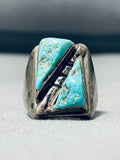 Unique Vintage Native American Navajo 2 Large Morenci Turquoise Sterling Silver Ring-Nativo Arts