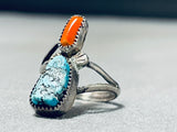 Wonderful Vintage Native American Navajo Morenci Turquoise & Coral Sterling Silver Ring-Nativo Arts