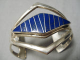 Superior Vintage Native American Navajo Lapis Inlay Sterling Silver Bracelet Cuff-Nativo Arts