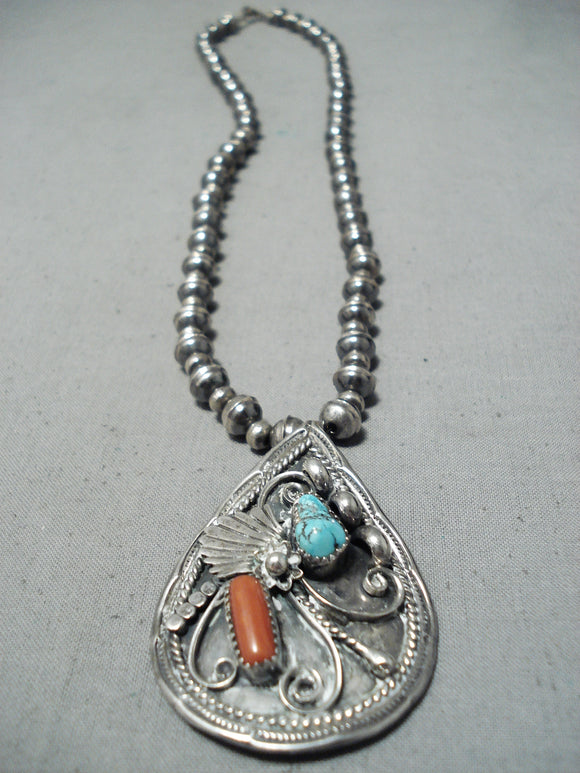 Very Important Vintage Native American Navajo Raymond Yazzie Turquoise Sterling Silver Necklace-Nativo Arts