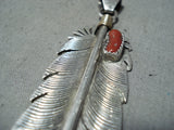 Unique Vintage Native American Navajo Coral Sterling Silver Feather Pendant-Nativo Arts