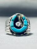Eye-catching Native American Navajo Turquoise Diamond Sterling Silver Horseshoe Ring-Nativo Arts