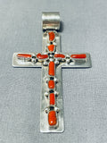 Stunning Native American Navajo Coral Sterling Silver Cross Pendant-Nativo Arts