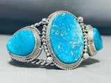 Opulent Vintage Native American Navajo 3 Kingman Turquoise Sterling Silver Huge Bracelet-Nativo Arts