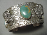 Very Rare Buffalo Head Native American Green Turquoise Sterling Silver Bracelet-Nativo Arts