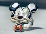 Whimsical Native American Zuni Coral Sterling Silver Mickey Mouse Ring-Nativo Arts