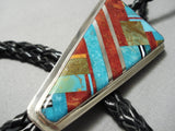 Native American Important Santo Domingo Turquoise Coral Sterling Silver Bolo Tie-Nativo Arts