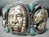 One Of The Most Detailed Ever Turquoise Sterling Silver Chief Bracelet-Nativo Arts