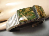 Opulent Vintage Native American Navajo Squared Green Turquoise Sterling Silver Bracelet Old-Nativo Arts