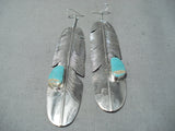 Longest 4' Long Native American Navajo Royston Turquoise Sterling Silver Feather Earrings-Nativo Arts
