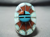 Exquisite Native American Zuni Turquoise Coral Opal Inlay Sunface Sterling Silver Ring-Nativo Arts