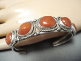 Outstanding Native American Navajo Signed 5 Corals Sterling Silver Bracelet-Nativo Arts