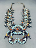 Authentic Vintage Native American Zuni Turquoise Sterling Silver Inlay Squash Blossom Necklace-Nativo Arts